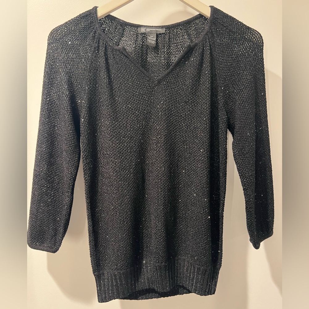 INC International Concepts Petite Black Sequin Open-Knit Sweater size S Petite